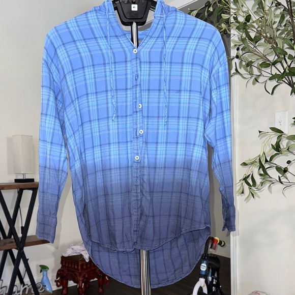 aerie Tops - Aerie Blue Hombe Hooded Button Down